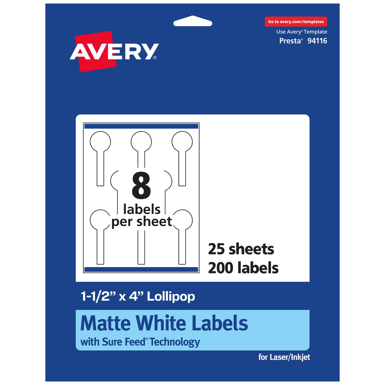 Avery Matte White Lollipop Labels with Sure Feed, 1-1/2" x 4"
